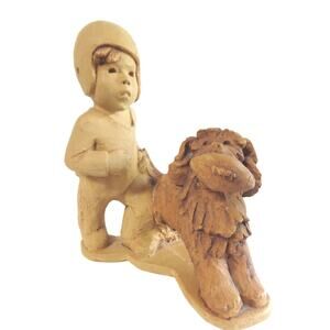 Lee Bortin Boy & Dog Playing Football Clay Sculpture Figurine Statue Signed Vtg